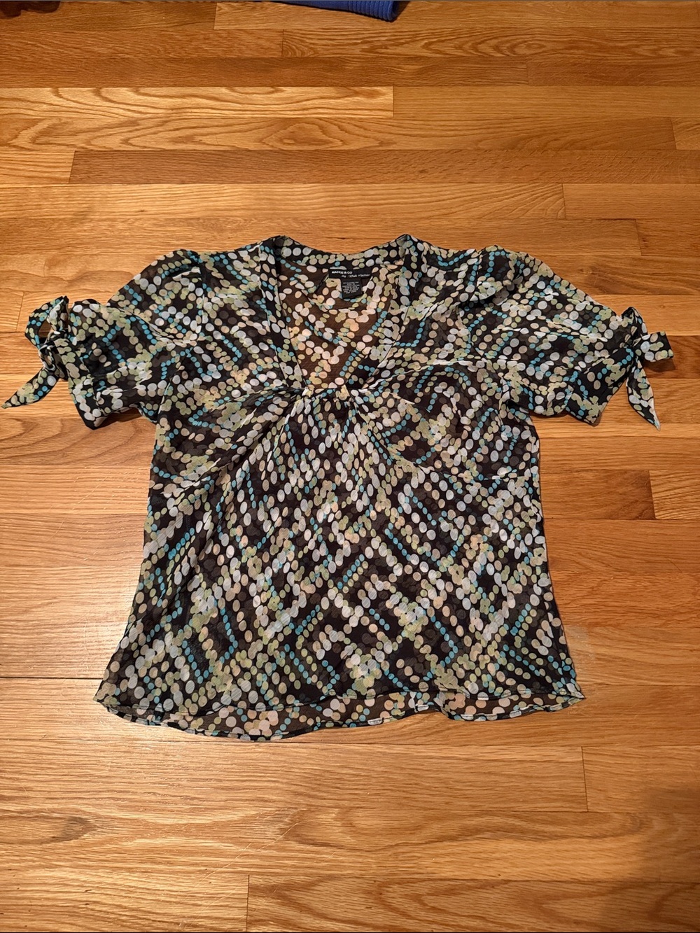 Bob Mackie Black Dot-Print V-Neck Blouse with Mint and Beige Accents